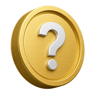 Elemento decorativo en forma de moneda de oro en 3D con signo de interrogación, ubicado en la sección de preguntas frecuentes
